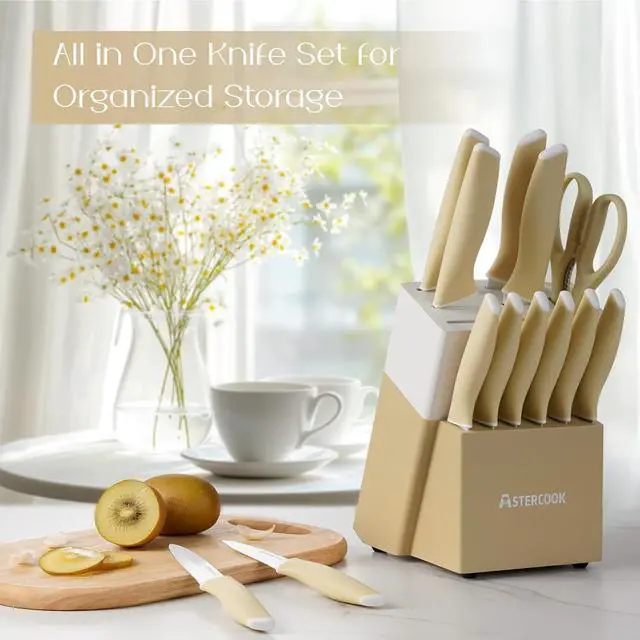 Alt view image 5 of 7 - Astercook Kitchen Knife Set with Block and Sharpener 15 Piece Knives Set German High Carbon Stainless Steel Knives Sharp Blade Dishwasher Safe Deba Knives with Ergonomic Handle