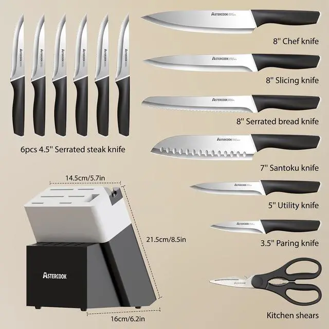 Alt view image 4 of 7 - Astercook Knife Set, Kitchen Knives with Block and Sharpener 15 Pcs German Stainless Steel Knives Sharp Blade Dishwasher Safe Deba Knives with Ergonomic Handle, Elegant Black