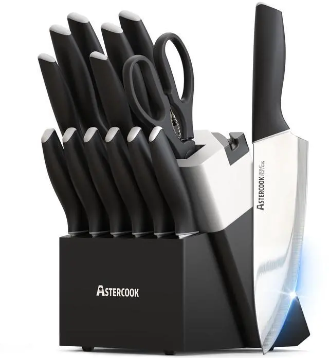 Main image of Astercook Knife Set, Kitchen Knives with Block and Sharpener 15 Pcs German Stainless Steel Knives Sharp Blade Dishwasher Safe Deba Knives with Ergonomic Handle, Elegant Black