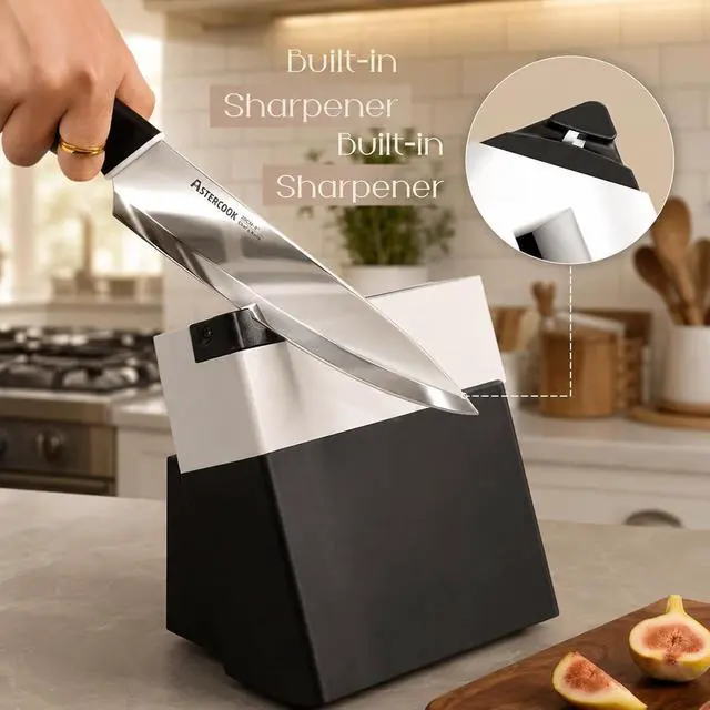 Alt view image 5 of 7 - Astercook Knife Set, Kitchen Knives with Block and Sharpener 15 Pcs German Stainless Steel Knives Sharp Blade Dishwasher Safe Deba Knives with Ergonomic Handle, Elegant Black