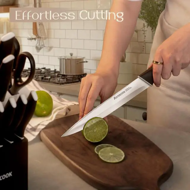 Alt view image 6 of 7 - Astercook Knife Set, Kitchen Knives with Block and Sharpener 15 Pcs German Stainless Steel Knives Sharp Blade Dishwasher Safe Deba Knives with Ergonomic Handle, Elegant Black