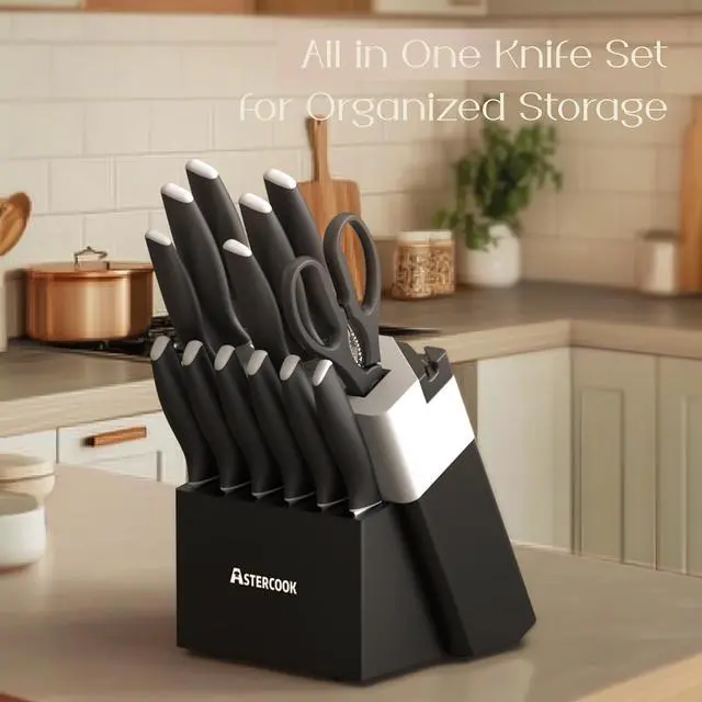 Alt view image 7 of 7 - Astercook Knife Set, Kitchen Knives with Block and Sharpener 15 Pcs German Stainless Steel Knives Sharp Blade Dishwasher Safe Deba Knives with Ergonomic Handle, Elegant Black