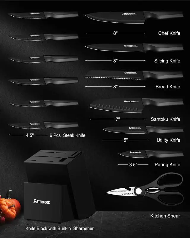 Alt view image 2 of 7 - Astercook 15 Pieces Kitchen Knife Block Set with Sharpener, Black | Built-in Sharpener Block, Dishwasher Safe, German Stainless Steel, Ergonomic Handle, Kitchen Weddings Birthdays Gift