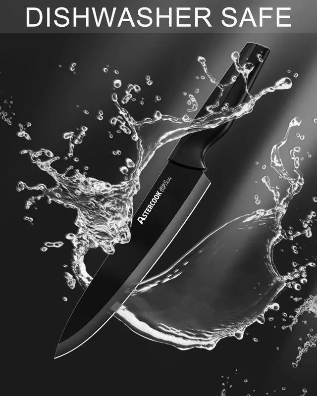 Alt view image 7 of 7 - Astercook 15 Pieces Kitchen Knife Block Set with Sharpener, Black | Built-in Sharpener Block, Dishwasher Safe, German Stainless Steel, Ergonomic Handle, Kitchen Weddings Birthdays Gift
