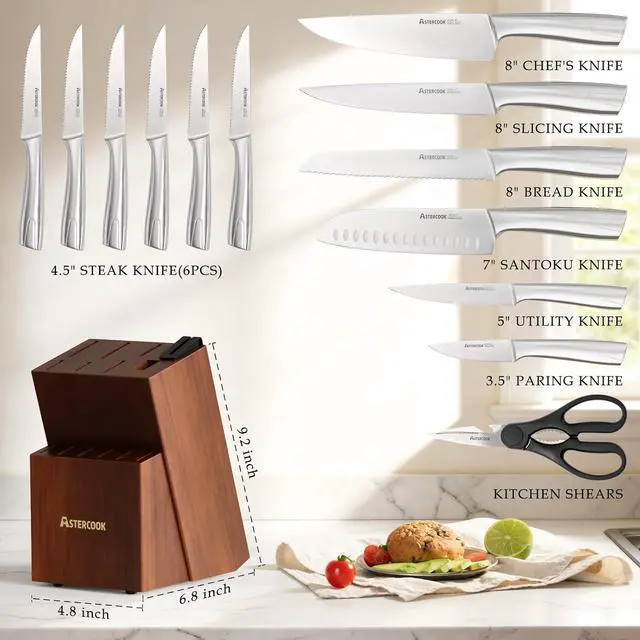 Alt view image 2 of 7 - Astercook Knife Set, Kitchen Knives Set with Block and Sharpener Full Tang 15 Pcs Stainless Steel Knives, Dishwasher Safe Knife Set with Anti-slip Ergonomic Handle, Walnut, Fathers Day Gift for Men