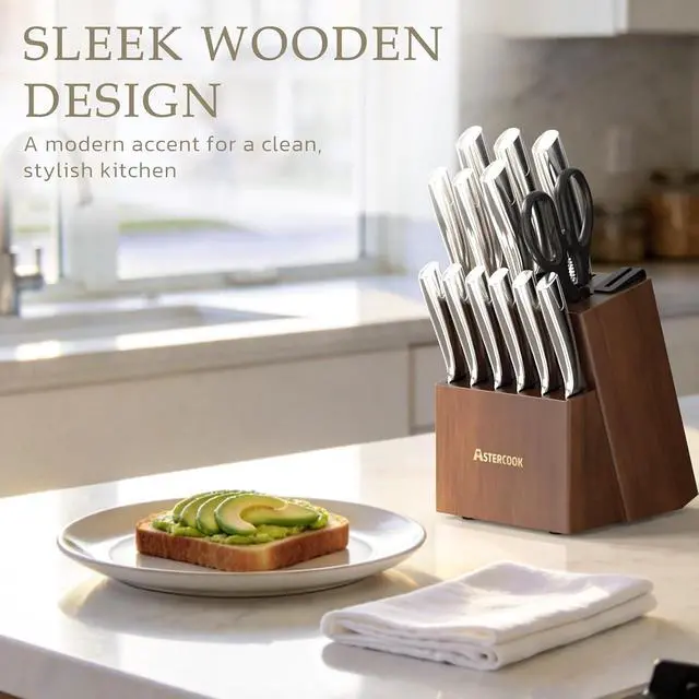 Alt view image 3 of 7 - Astercook Knife Set, Kitchen Knives Set with Block and Sharpener Full Tang 15 Pcs Stainless Steel Knives, Dishwasher Safe Knife Set with Anti-slip Ergonomic Handle, Walnut, Fathers Day Gift for Men