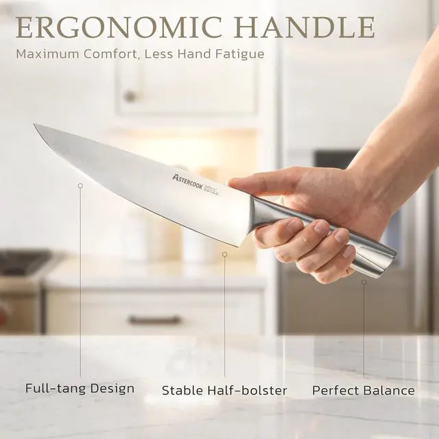Alt view image 4 of 7 - Astercook Knife Set, Kitchen Knives Set with Block and Sharpener Full Tang 15 Pcs Stainless Steel Knives, Dishwasher Safe Knife Set with Anti-slip Ergonomic Handle, Walnut, Fathers Day Gift for Men