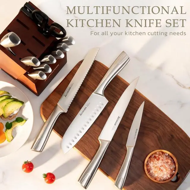 Alt view image 6 of 7 - Astercook Knife Set, Kitchen Knives Set with Block and Sharpener Full Tang 15 Pcs Stainless Steel Knives, Dishwasher Safe Knife Set with Anti-slip Ergonomic Handle, Walnut, Fathers Day Gift for Men