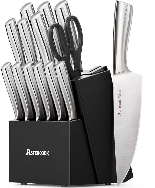 Main image of Astercook Knife Set, Kitchen Knives Set with Block and Sharpener Full Tang 15 Pcs Stainless Steel Knives, Dishwasher Safe Knife Set with Anti-slip Ergonomic Handle, Black, Fathers Day Gift for Men