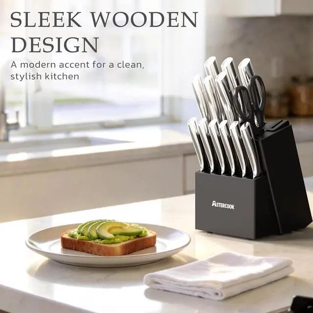 Alt view image 3 of 7 - Astercook Knife Set, Kitchen Knives Set with Block and Sharpener Full Tang 15 Pcs Stainless Steel Knives, Dishwasher Safe Knife Set with Anti-slip Ergonomic Handle, Black, Fathers Day Gift for Men