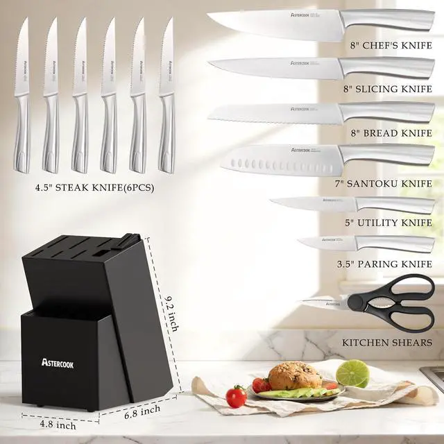 Alt view image 2 of 7 - Astercook Knife Set, Kitchen Knives Set with Block and Sharpener Full Tang 15 Pcs Stainless Steel Knives, Dishwasher Safe Knife Set with Anti-slip Ergonomic Handle, Black, Fathers Day Gift for Men