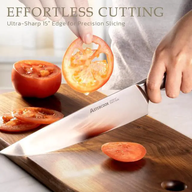 Alt view image 7 of 7 - Astercook Knife Set, Kitchen Knives Set with Block and Sharpener Full Tang 15 Pcs Stainless Steel Knives, Dishwasher Safe Knife Set with Anti-slip Ergonomic Handle, Walnut, Fathers Day Gift for Men
