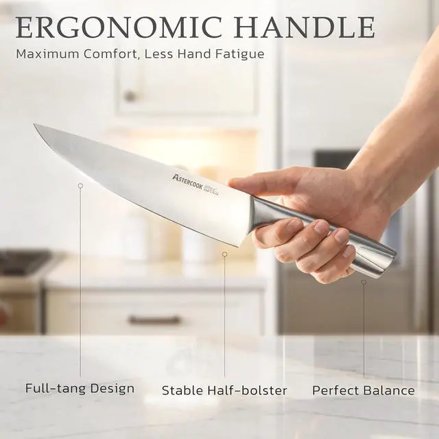 Alt view image 4 of 7 - Astercook Knife Set, Kitchen Knives Set with Block and Sharpener Full Tang 15 Pcs Stainless Steel Knives, Dishwasher Safe Knife Set with Anti-slip Ergonomic Handle, Black, Fathers Day Gift for Men