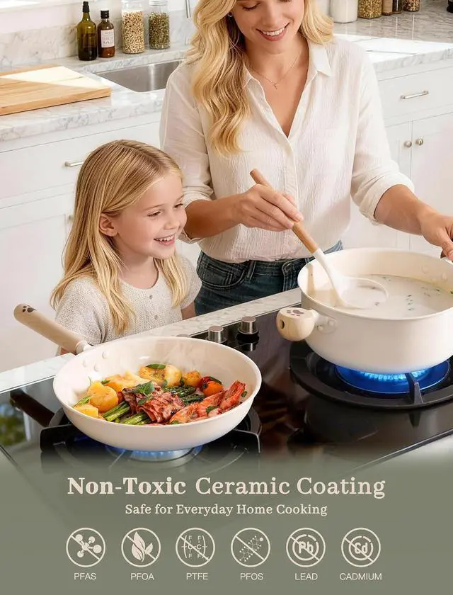 Alt view image 3 of 7 - Astercook Pots and Pans Set Non Stick,Non Toxic 18 Pcs Ceramic Cookware | Dishwasher Safe Induction Cookware for Everyday Cooking & Housewarming Gifts