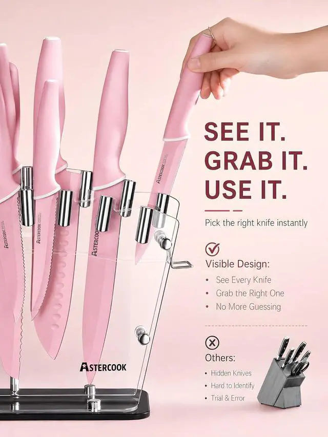 Alt view image 4 of 7 - Astercook Knife Set with Clear Block and Sharpener 22Pcs Pink | Dishwasher Safe, Space-Saving Clear Knife Block, for Everyday Home Cooking