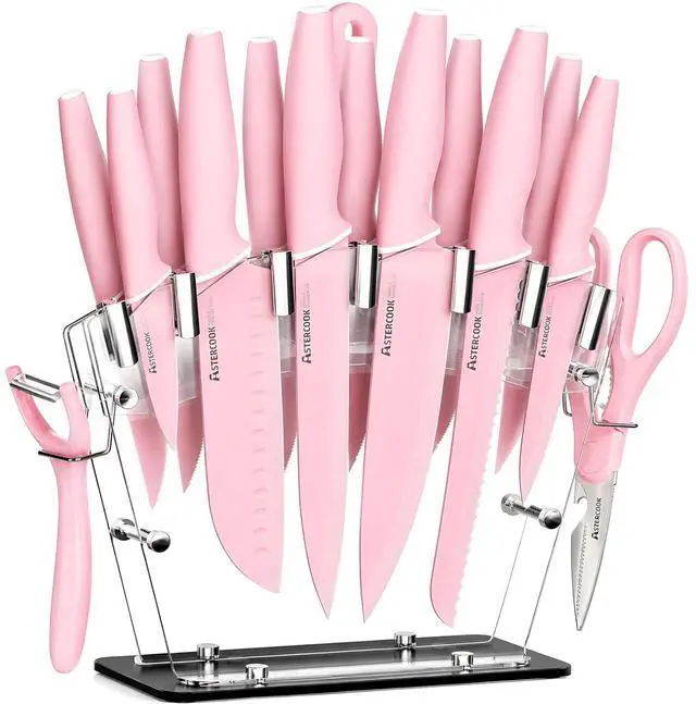 Main image of Astercook Knife Set with Clear Block and Sharpener 22Pcs Pink | Dishwasher Safe, Space-Saving Clear Knife Block, for Everyday Home Cooking