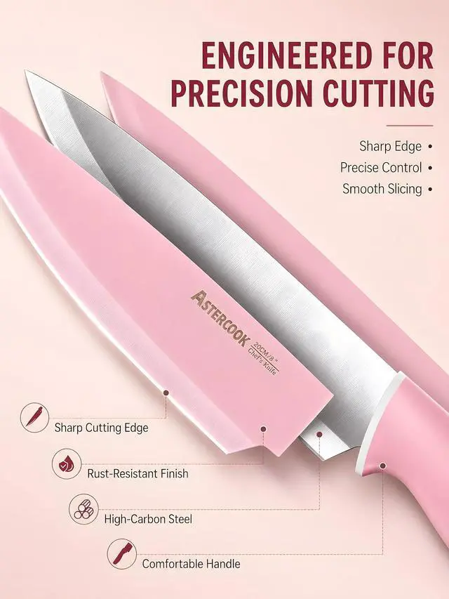 Alt view image 2 of 7 - Astercook Knife Set with Clear Block and Sharpener 22Pcs Pink | Dishwasher Safe, Space-Saving Clear Knife Block, for Everyday Home Cooking