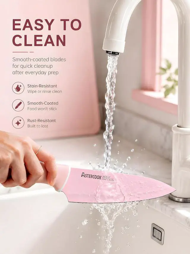 Alt view image 7 of 7 - Astercook Knife Set with Clear Block and Sharpener 22Pcs Pink | Dishwasher Safe, Space-Saving Clear Knife Block, for Everyday Home Cooking