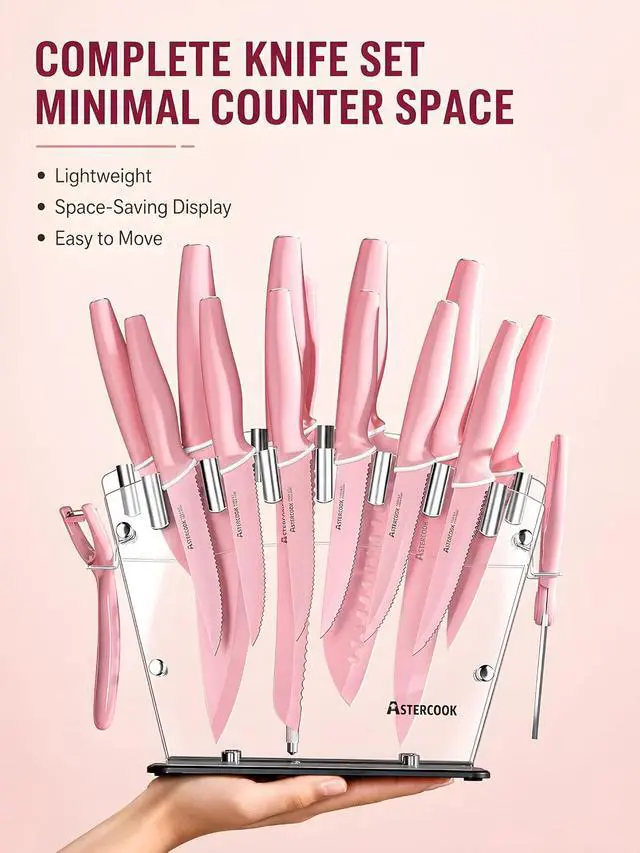 Alt view image 5 of 7 - Astercook Knife Set with Clear Block and Sharpener 22Pcs Pink | Dishwasher Safe, Space-Saving Clear Knife Block, for Everyday Home Cooking