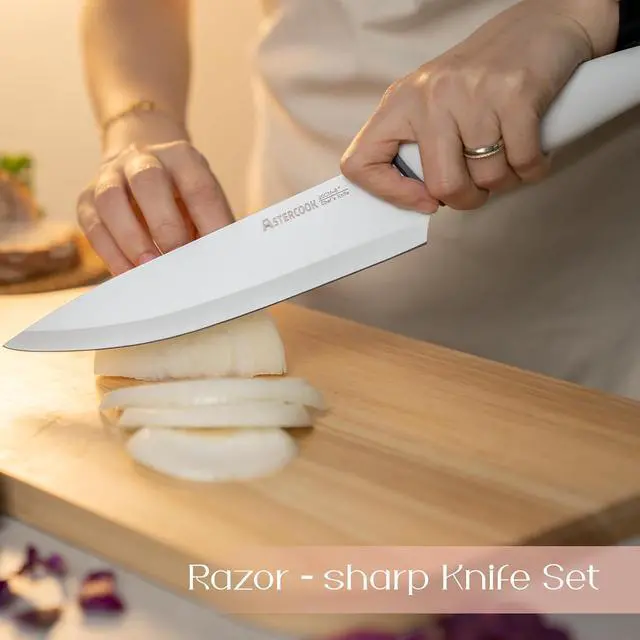 Alt view image 3 of 7 - Astercook Knife Set with Clear Block and Sharpener 22Pcs White | Dishwasher Safe, Space-Saving Clear Knife Block, for Everyday Home Cooking