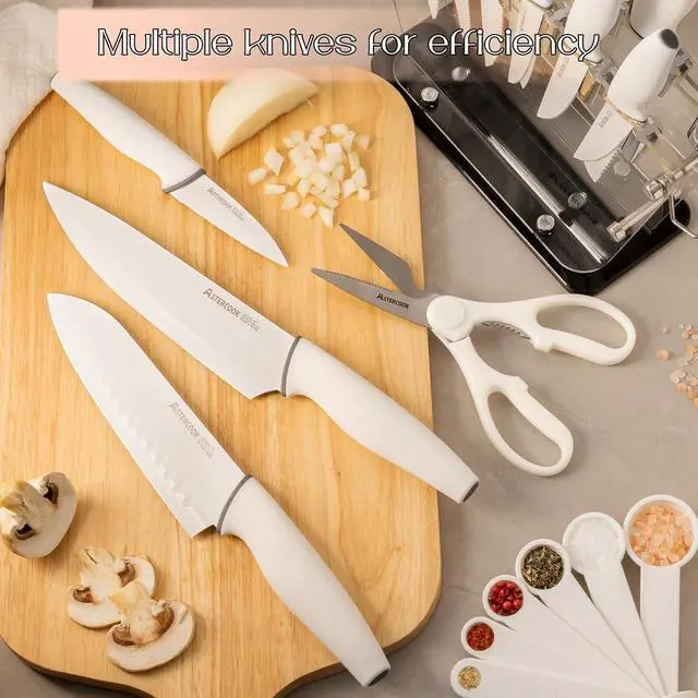 Alt view image 2 of 7 - Astercook Knife Set with Clear Block and Sharpener 22Pcs White | Dishwasher Safe, Space-Saving Clear Knife Block, for Everyday Home Cooking