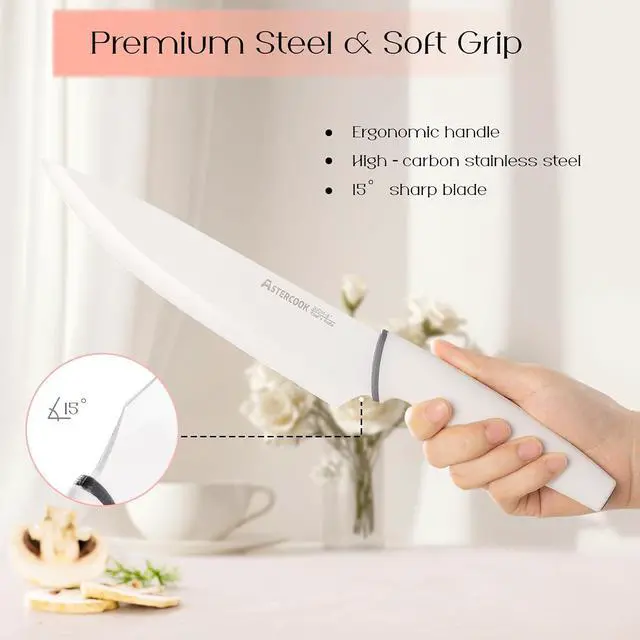 Alt view image 5 of 7 - Astercook Knife Set with Clear Block and Sharpener 22Pcs White | Dishwasher Safe, Space-Saving Clear Knife Block, for Everyday Home Cooking