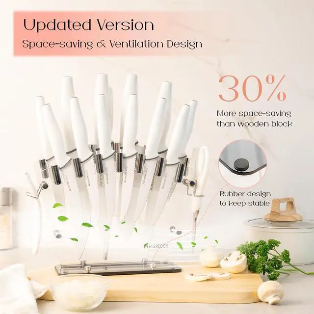 Alt view image 6 of 7 - Astercook Knife Set with Clear Block and Sharpener 22Pcs White | Dishwasher Safe, Space-Saving Clear Knife Block, for Everyday Home Cooking