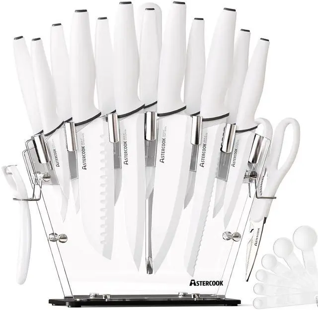 Main image of Astercook Knife Set with Clear Block and Sharpener 22Pcs White | Dishwasher Safe, Space-Saving Clear Knife Block, for Everyday Home Cooking