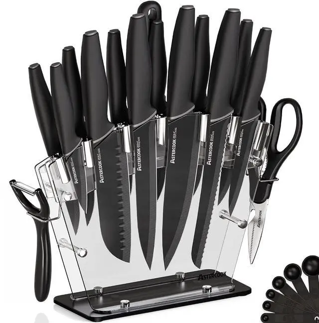 Main image of Astercook Knife Set with Clear Block and Sharpener 22Pcs Black | Dishwasher Safe, Space-Saving Clear Knife Block, for Everyday Home Cooking