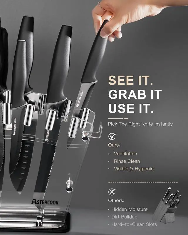 Alt view image 4 of 7 - Astercook Knife Set with Clear Block and Sharpener 22Pcs Black | Dishwasher Safe, Space-Saving Clear Knife Block, for Everyday Home Cooking