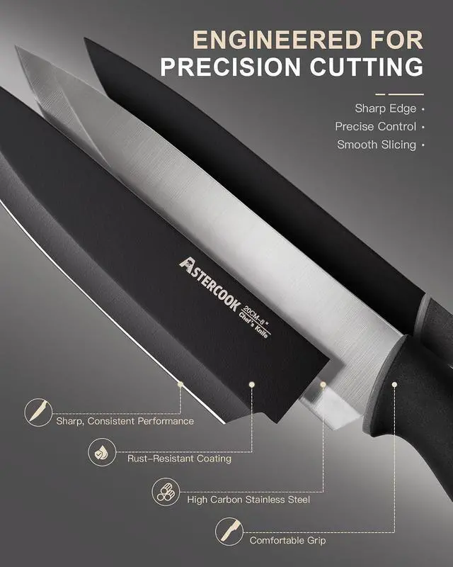 Alt view image 2 of 7 - Astercook Knife Set with Clear Block and Sharpener 22Pcs Black | Dishwasher Safe, Space-Saving Clear Knife Block, for Everyday Home Cooking