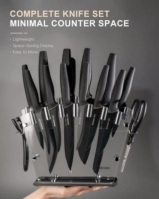 Alt view image 5 of 7 - Astercook Knife Set with Clear Block and Sharpener 22Pcs Black | Dishwasher Safe, Space-Saving Clear Knife Block, for Everyday Home Cooking