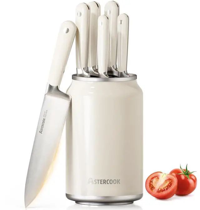 Main image of Astercook 6-Piece Kitchen Knife Set with Soda Can-Inspired Block, Full Tang High Carbon Stainless Steel Knives, Retro Cream Design, Dishwasher Safe Knife Sets & ABS Handles - Perfect Kitchen Gifts