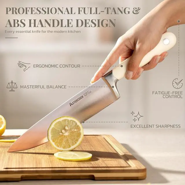 Alt view image 2 of 7 - Astercook 6-Piece Kitchen Knife Set with Soda Can-Inspired Block, Full Tang High Carbon Stainless Steel Knives, Retro Cream Design, Dishwasher Safe Knife Sets & ABS Handles - Perfect Kitchen Gifts