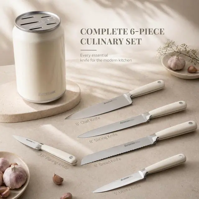 Alt view image 4 of 7 - Astercook 6-Piece Kitchen Knife Set with Soda Can-Inspired Block, Full Tang High Carbon Stainless Steel Knives, Retro Cream Design, Dishwasher Safe Knife Sets & ABS Handles - Perfect Kitchen Gifts