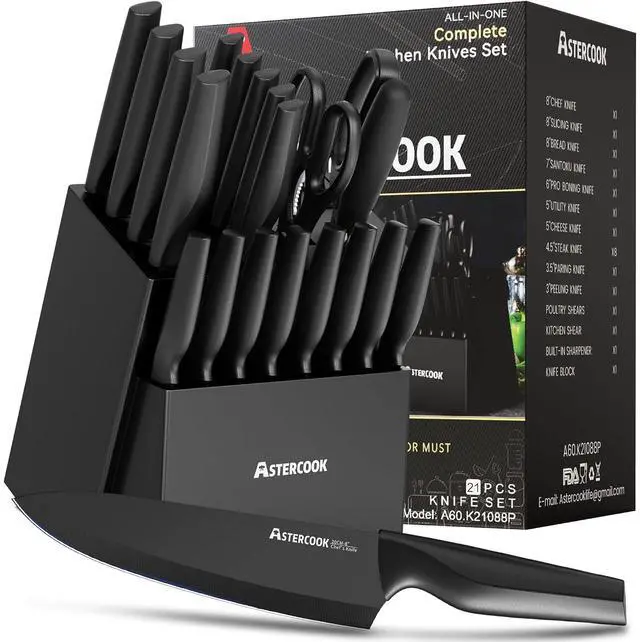 Main image of Astercook 20 Pieces Knife Set, Kitchen Knives Set with Built-in Sharpener, Healthy Anti-Rust Coating & German Stainless Steel Knife Block Sets, Dishwasher Safe Black