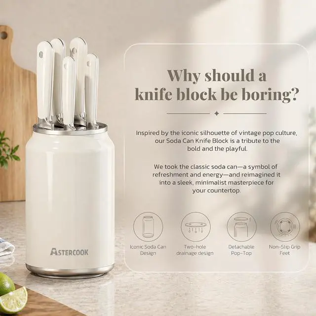 Alt view image 6 of 7 - Astercook 6-Piece Kitchen Knife Set with Soda Can-Inspired Block, Full Tang High Carbon Stainless Steel Knives, Retro Cream Design, Dishwasher Safe Knife Sets & ABS Handles - Perfect Kitchen Gifts