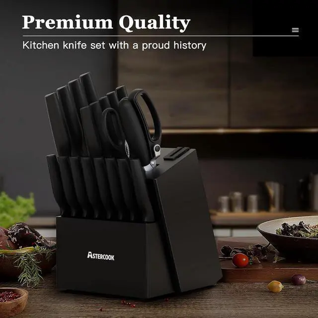 Alt view image 4 of 7 - Astercook 20 Pieces Knife Set, Kitchen Knives Set with Built-in Sharpener, Healthy Anti-Rust Coating & German Stainless Steel Knife Block Sets, Dishwasher Safe Black