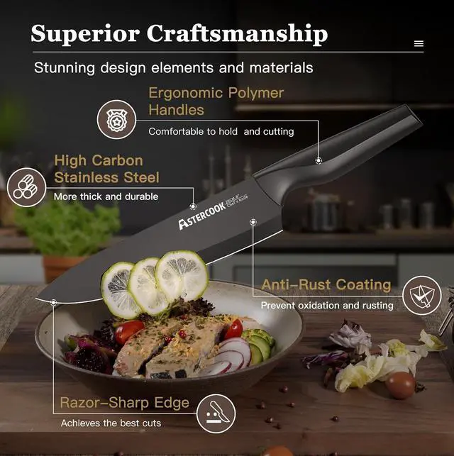 Alt view image 3 of 7 - Astercook 20 Pieces Knife Set, Kitchen Knives Set with Built-in Sharpener, Healthy Anti-Rust Coating & German Stainless Steel Knife Block Sets, Dishwasher Safe Black