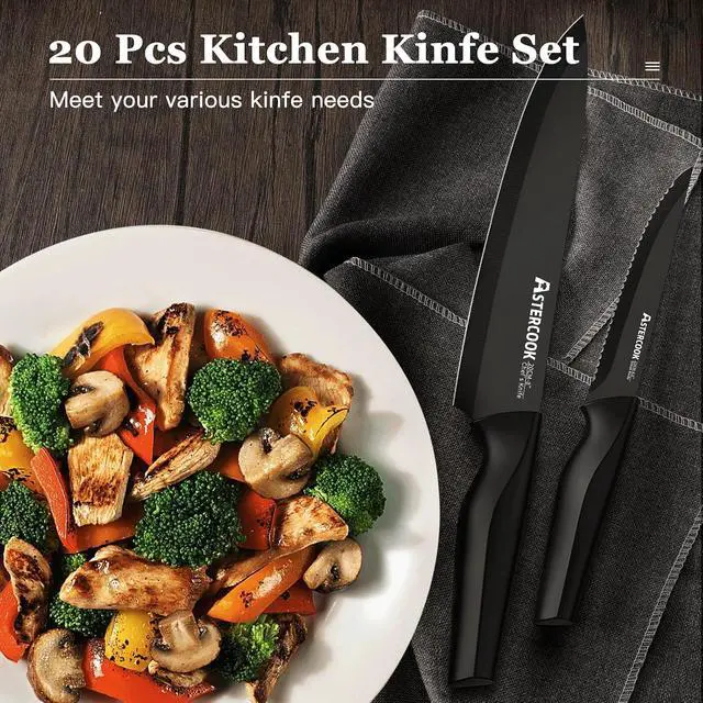 Alt view image 5 of 7 - Astercook 20 Pieces Knife Set, Kitchen Knives Set with Built-in Sharpener, Healthy Anti-Rust Coating & German Stainless Steel Knife Block Sets, Dishwasher Safe Black
