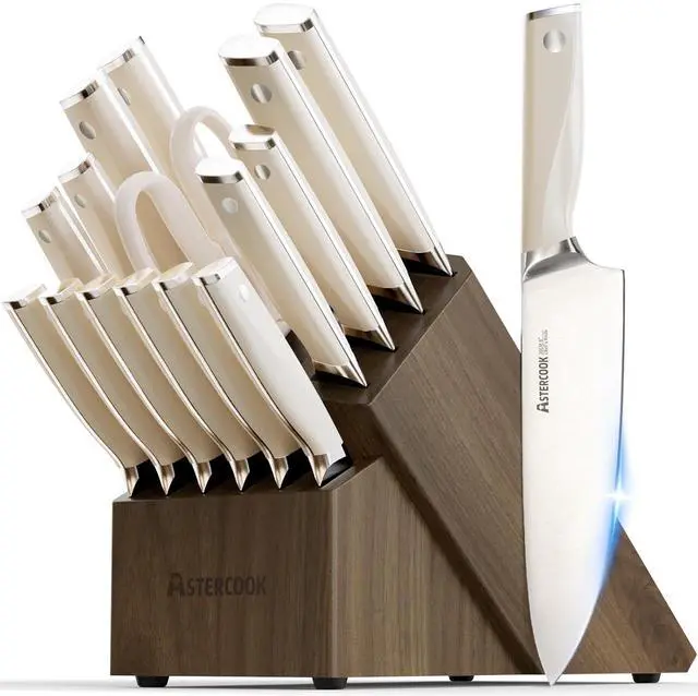 Main image of Astercook Knife Set Kitchen with Block and Sharpener Premium Full Tang 17 Pcs German Stainless Steel Knives Dishwasher Safe Kitchen Utensils Set with with and Anti-slip Ergonomic Handle, Cream White