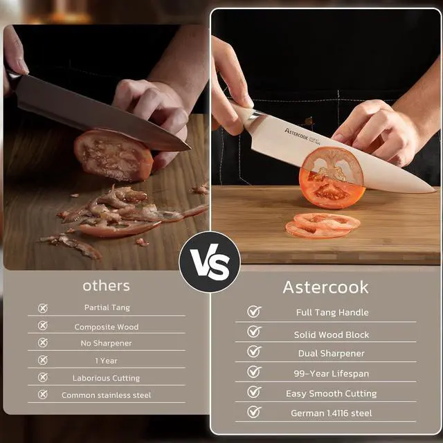 Alt view image 2 of 7 - Astercook Knife Set Kitchen with Block and Sharpener Premium Full Tang 17 Pcs German Stainless Steel Knives Dishwasher Safe Kitchen Utensils Set with with and Anti-slip Ergonomic Handle, Cream White