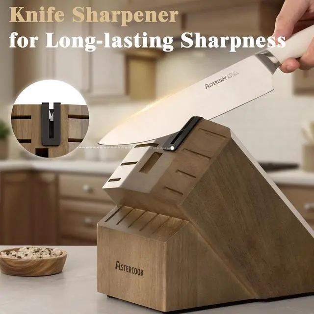 Alt view image 4 of 7 - Astercook Knife Set Kitchen with Block and Sharpener Premium Full Tang 17 Pcs German Stainless Steel Knives Dishwasher Safe Kitchen Utensils Set with with and Anti-slip Ergonomic Handle, Cream White