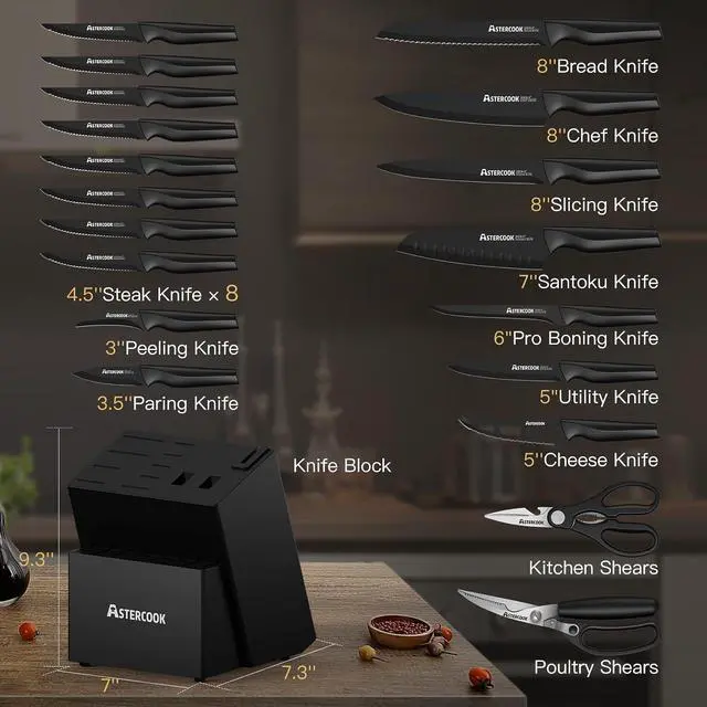 Alt view image 7 of 7 - Astercook 20 Pieces Knife Set, Kitchen Knives Set with Built-in Sharpener, Healthy Anti-Rust Coating & German Stainless Steel Knife Block Sets, Dishwasher Safe Black