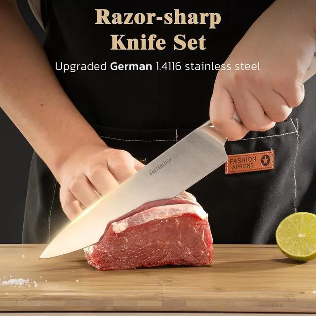 Alt view image 5 of 7 - Astercook Knife Set Kitchen with Block and Sharpener Premium Full Tang 17 Pcs German Stainless Steel Knives Dishwasher Safe Kitchen Utensils Set with with and Anti-slip Ergonomic Handle, Cream White
