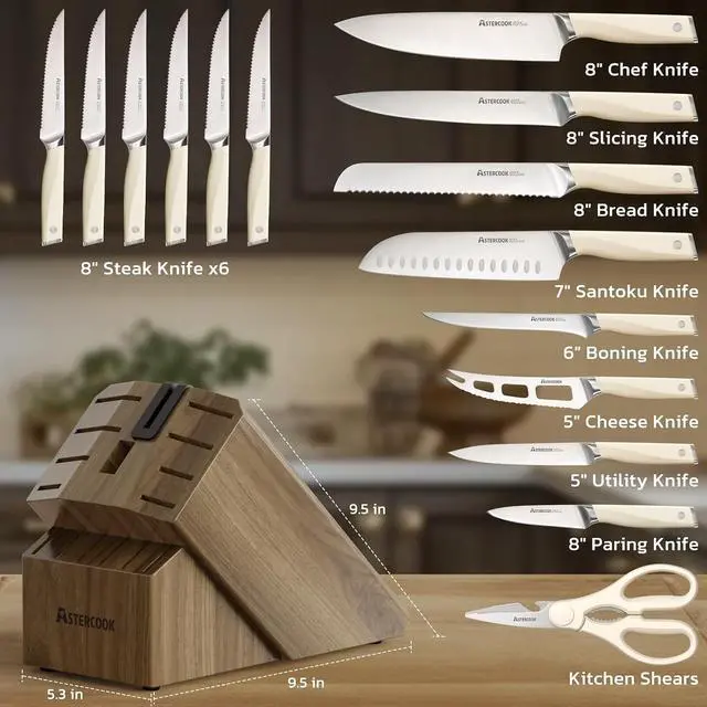 Alt view image 6 of 7 - Astercook Knife Set Kitchen with Block and Sharpener Premium Full Tang 17 Pcs German Stainless Steel Knives Dishwasher Safe Kitchen Utensils Set with with and Anti-slip Ergonomic Handle, Cream White