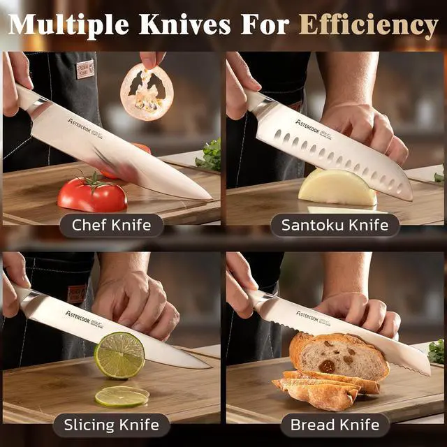 Alt view image 7 of 7 - Astercook Knife Set Kitchen with Block and Sharpener Premium Full Tang 17 Pcs German Stainless Steel Knives Dishwasher Safe Kitchen Utensils Set with with and Anti-slip Ergonomic Handle, Cream White