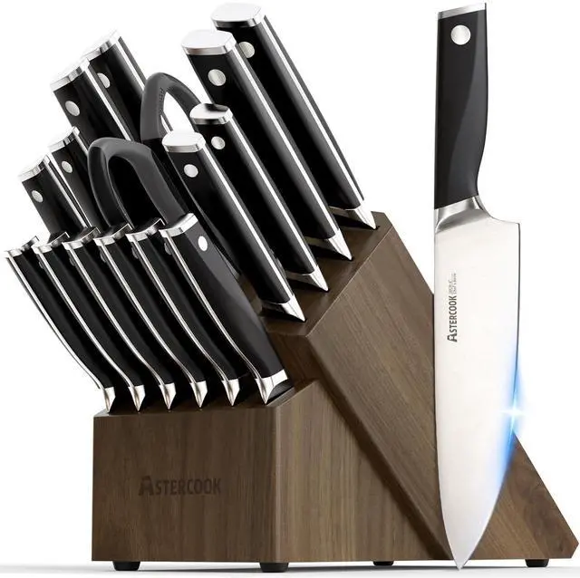 Main image of Astercook Knife Set, Kitchen Knives Set with Block and Sharpener Full Tang 17 Pcs German Stainless Steel Knives Sharp Blade Dishwasher Safe Premium Knife Set, Black Father Day Gifts for Men