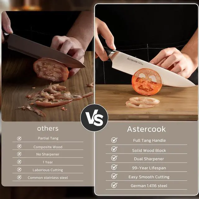 Alt view image 2 of 7 - Astercook Knife Set, Kitchen Knives Set with Block and Sharpener Full Tang 17 Pcs German Stainless Steel Knives Sharp Blade Dishwasher Safe Premium Knife Set, Black Father Day Gifts for Men