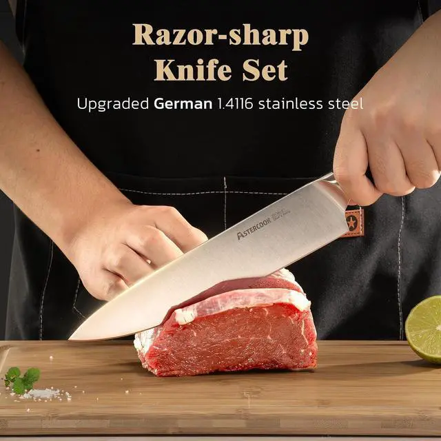 Alt view image 5 of 7 - Astercook Knife Set, Kitchen Knives Set with Block and Sharpener Full Tang 17 Pcs German Stainless Steel Knives Sharp Blade Dishwasher Safe Premium Knife Set, Black Father Day Gifts for Men